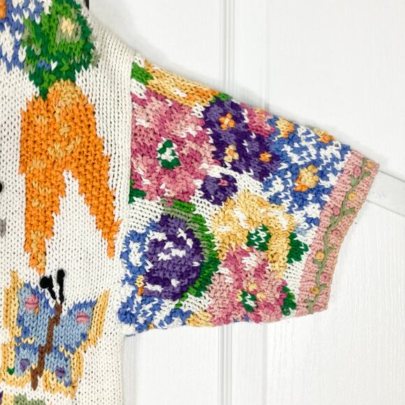 NWOT VINTAGE SUSAN BRISTOL Cardigan S Easter-BunnyEgg-Basket Floral Chunky-Knit - Picture 4 of 15